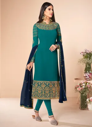 Turquoise And Blue Multi Embroidered Churidar Suit