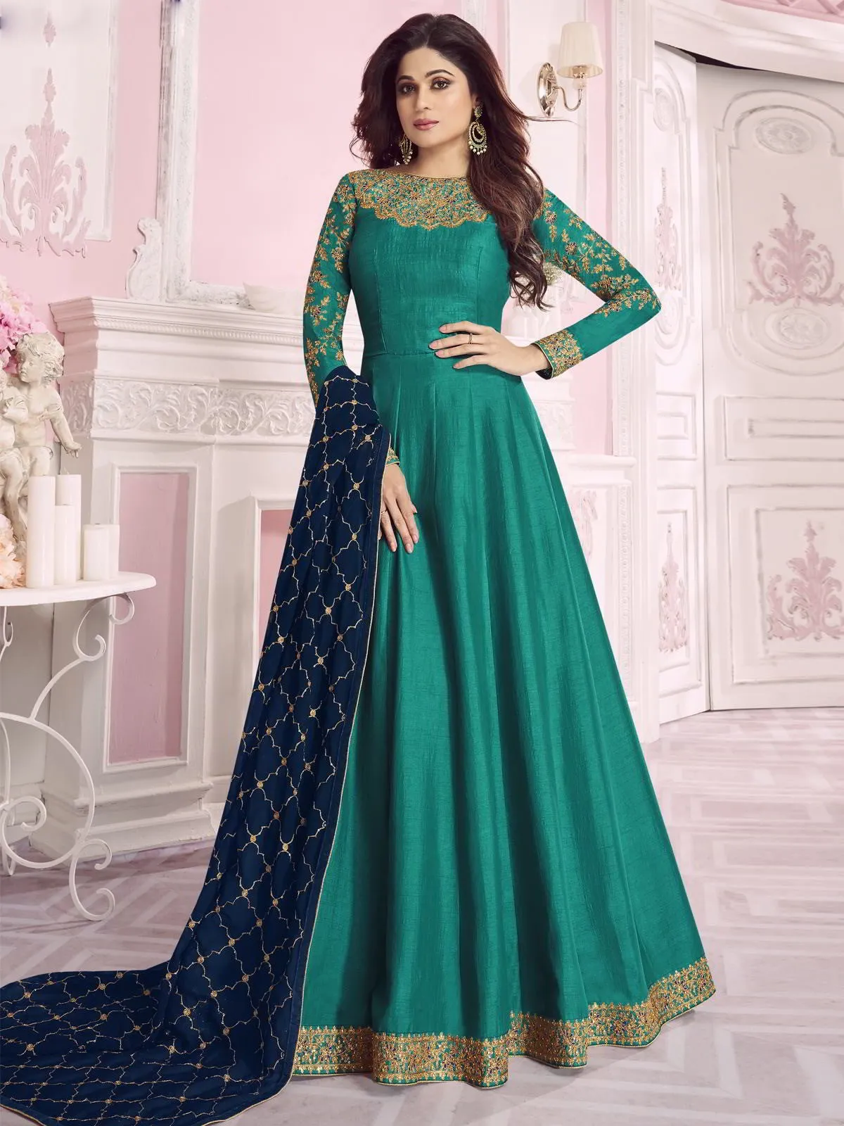 Turquoise And Blue Traditional Embroidered Anarkali Suit