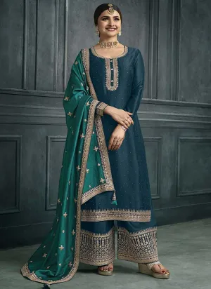 Turquoise And Green Embroidery Festive Palazzo Suit