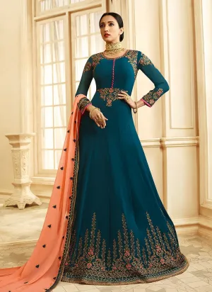 Turquoise And Orange Ethnic Embroidered Flared Anarkali Suit