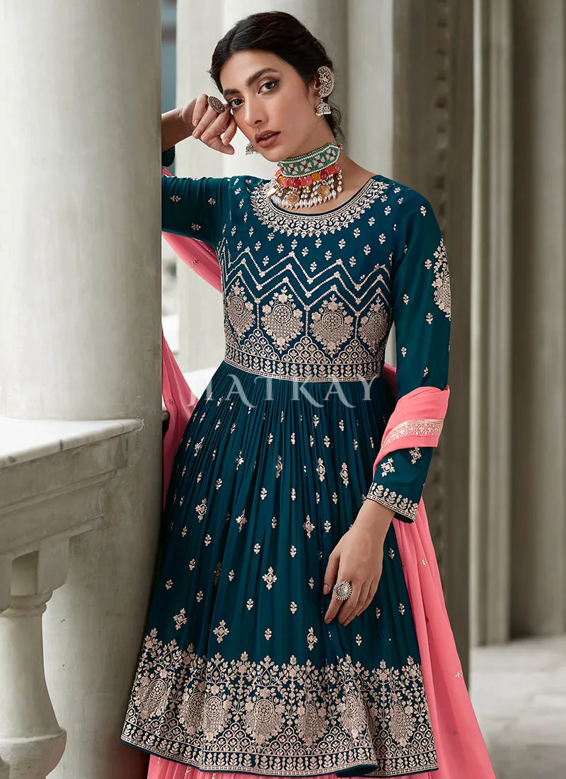 Turquoise And Peach Embroidery Peplum Anarkali Lehenga