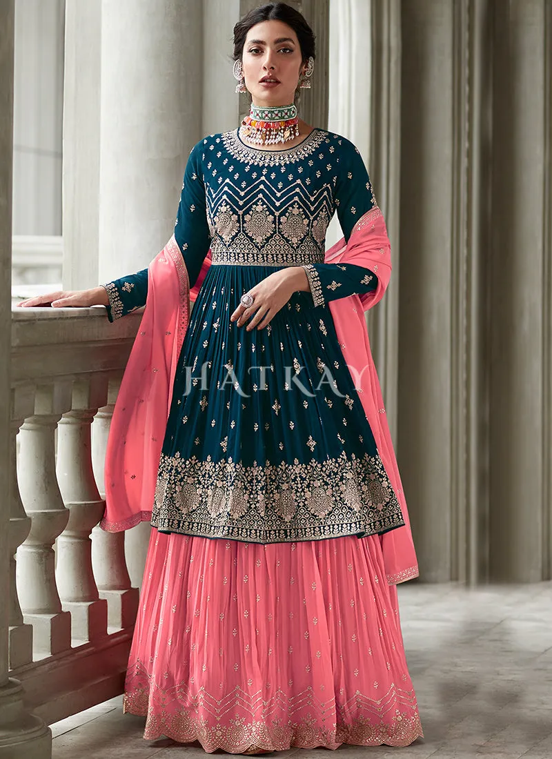 Turquoise And Peach Embroidery Peplum Anarkali Lehenga