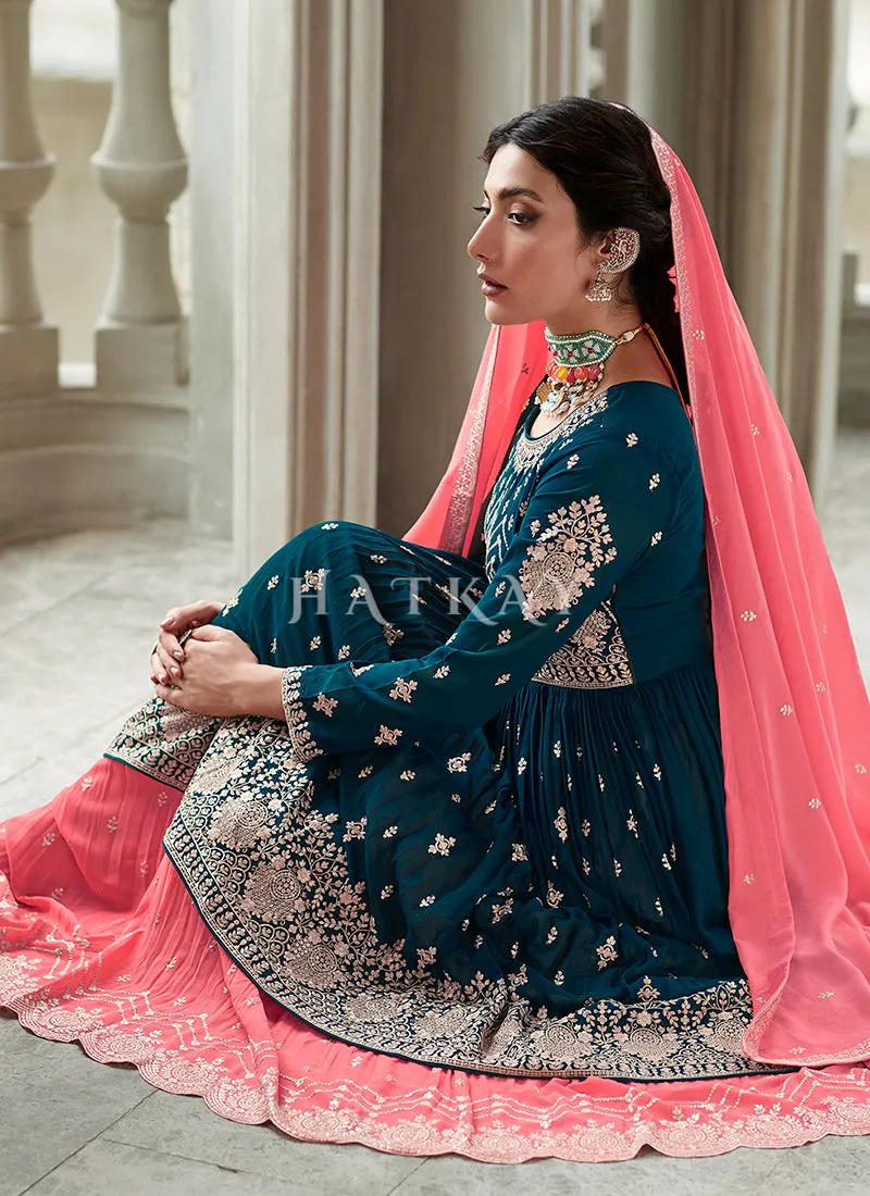 Turquoise And Peach Embroidery Peplum Anarkali Lehenga