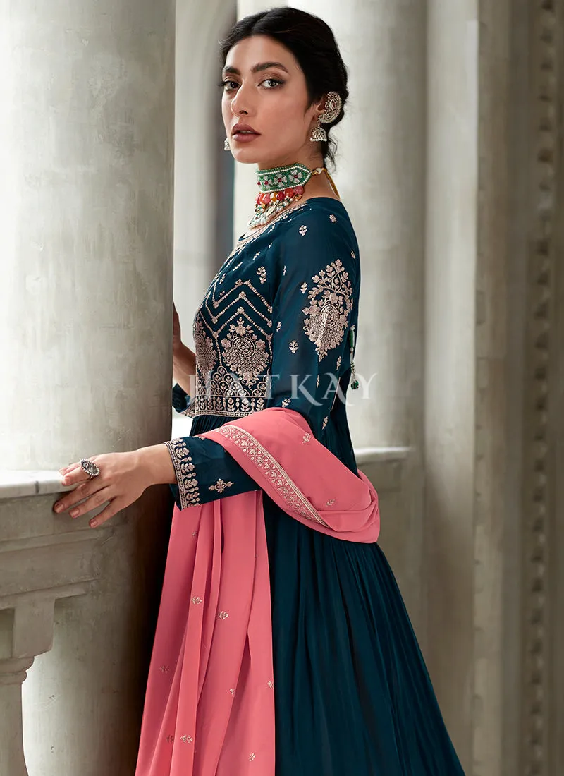 Turquoise And Peach Embroidery Peplum Anarkali Lehenga