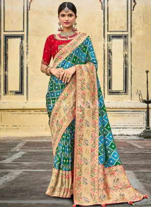 Turquoise And Red Multi Embroidery Traditional Silk Saree