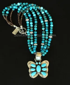 Turquoise and Sterling Silver Butterfly Pendant with 3 Strands of Turquoise Rounds, Fire Polished Glass, Olive Shell Heishi and Sterling Silver