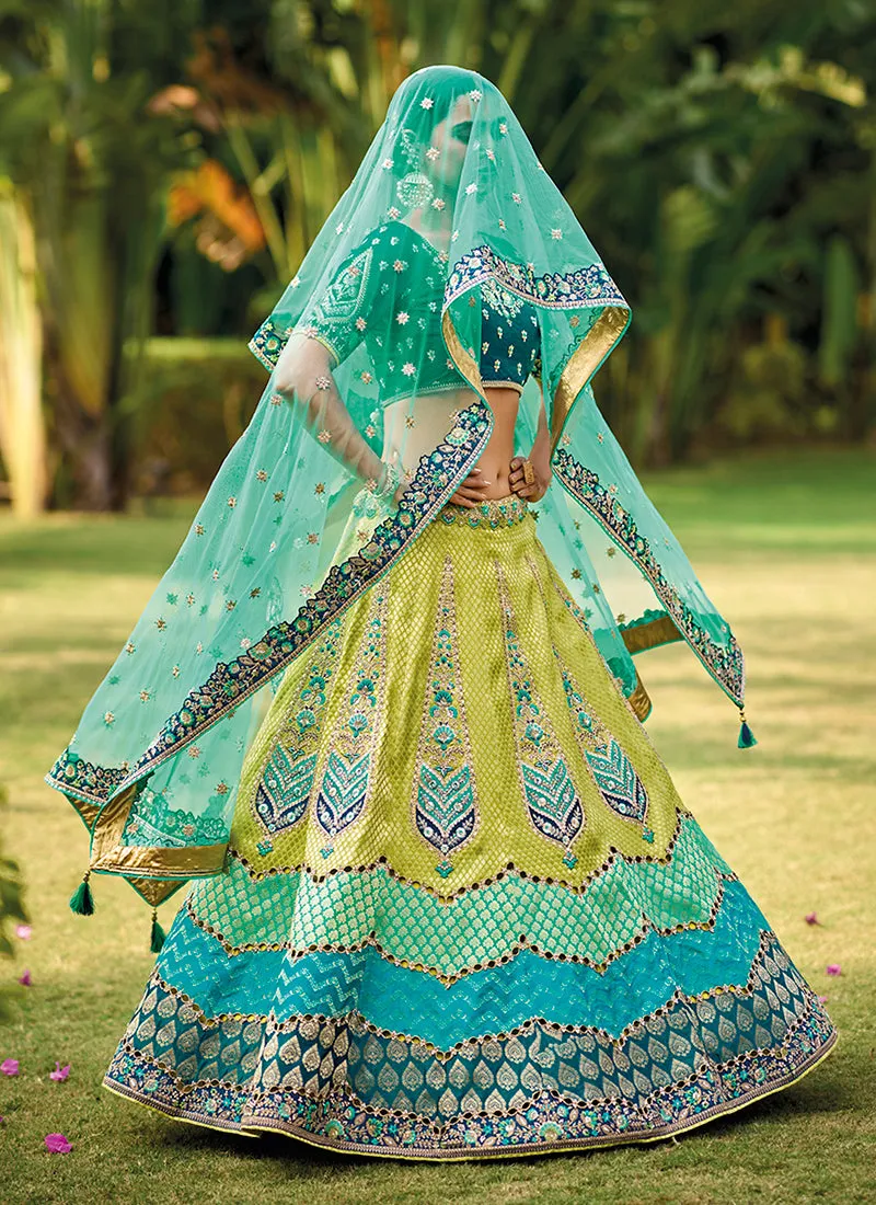 Turquoise And Yellow Embroidered Bridal Lehenga Choli