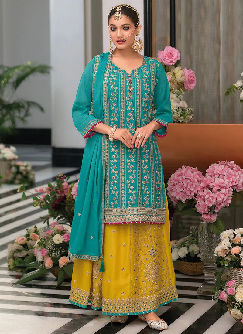 Turquoise And Yellow Embroidery Festive Palazzo Suit