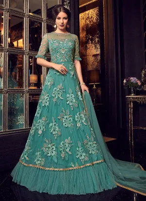 Turquoise Blue Bunch Embroidered Frilled Anarkali Suit