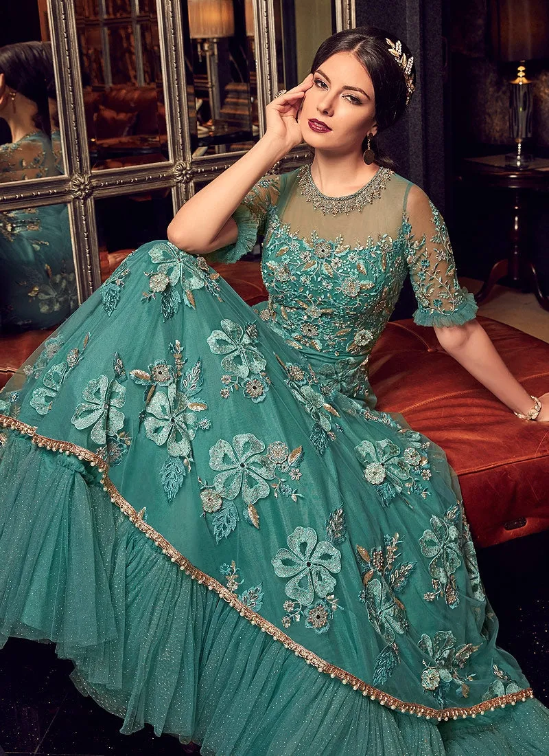 Turquoise Blue Bunch Embroidered Frilled Anarkali Suit