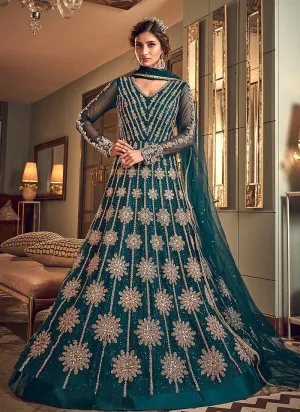 Turquoise Blue Designer Embroidered Wedding Anarkali Suit