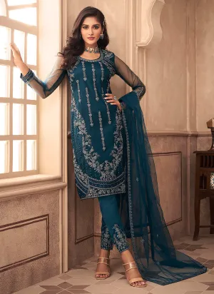 Turquoise Blue Embroidered Pakistani Pant Style Suit