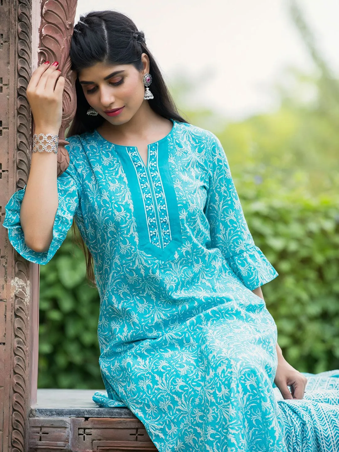 Turquoise Blue Ethnic Motifs Straight Cotton Kurta with Pants & Dupatta