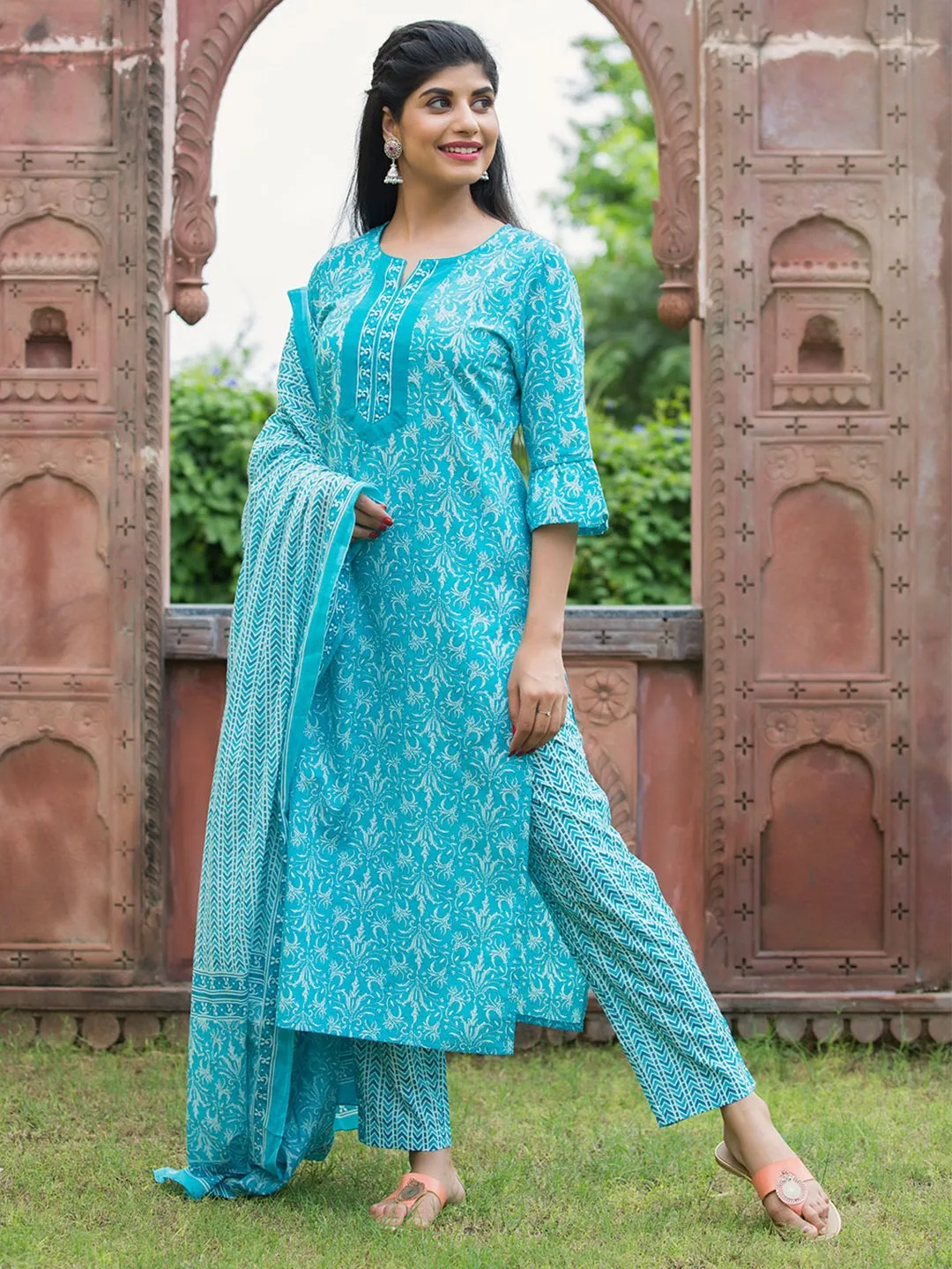 Turquoise Blue Ethnic Motifs Straight Cotton Kurta with Pants & Dupatta