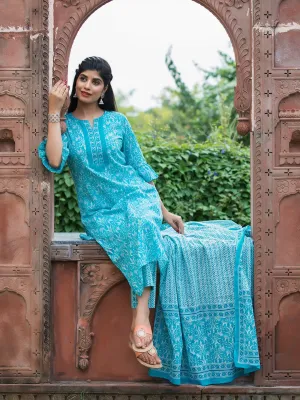 Turquoise Blue Ethnic Motifs Straight Cotton Kurta with Pants & Dupatta