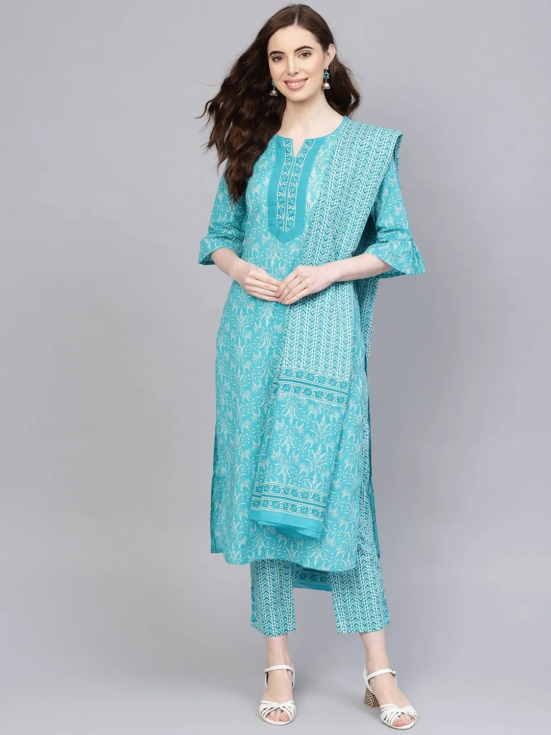 Turquoise Blue Ethnic Motifs Straight Cotton Kurta with Pants & Dupatta