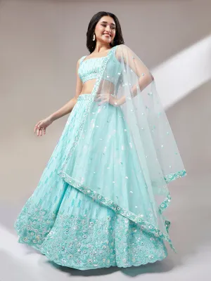 Turquoise Blue Georgette Sequinse embroidery Semi-Stitched Lehenga choli & Dupatta