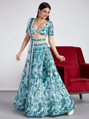 Turquoise blue Net Sequins, Mirror and thread embroidery Semi-Stitched Lehenga choli & Dupatta