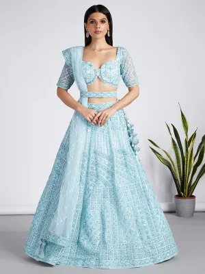 Turquoise blue Net Sequins, Zarkan and thread embroidery Semi-Stitched Lehenga choli & Dupatta