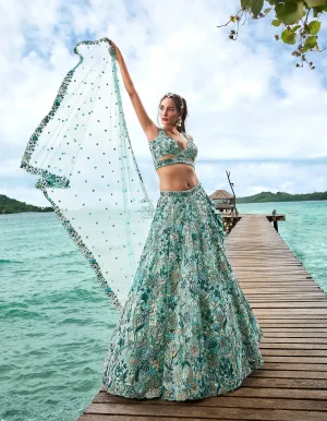 Turquoise blue Organza Sequins, Moti and thread embroidery Semi-Stitched Lehenga choli & Dupatta