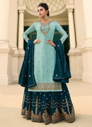 Turquoise Blue Two Tone Designer Gharara Style Suit