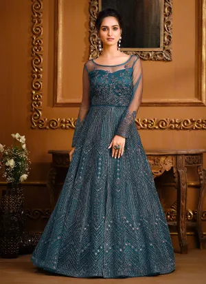 Turquoise Blue Zari Embroidered Slit Style Anarkali Pant Suit