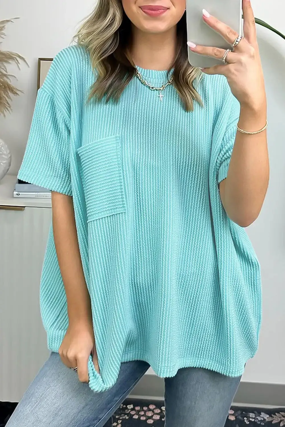 Turquoise Corded Knit Pocketed Tunic Tee