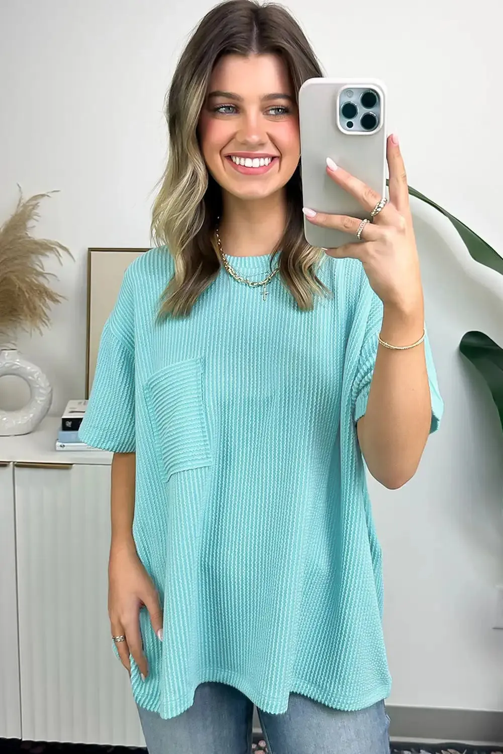 Turquoise Corded Knit Pocketed Tunic Tee