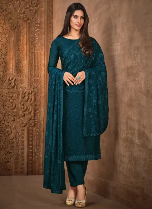 Turquoise Crystal Stone Work Embellished Salwar Kameez