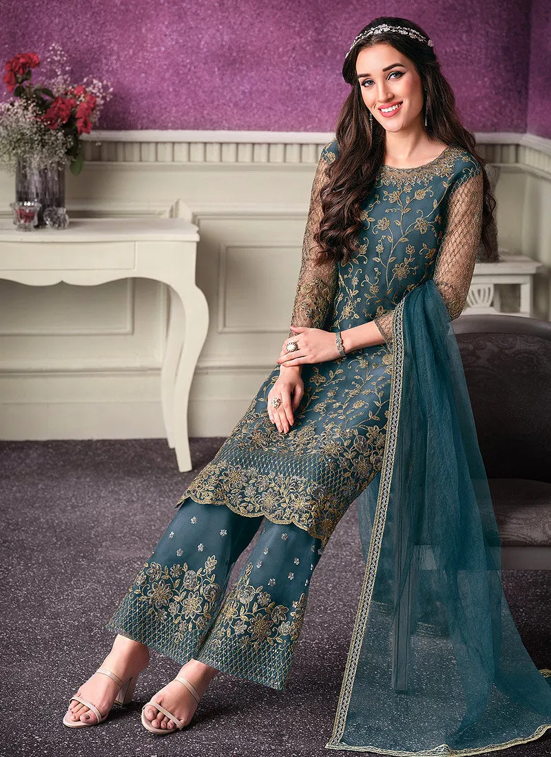 Turquoise Designer Embroidered Pant Style Suit