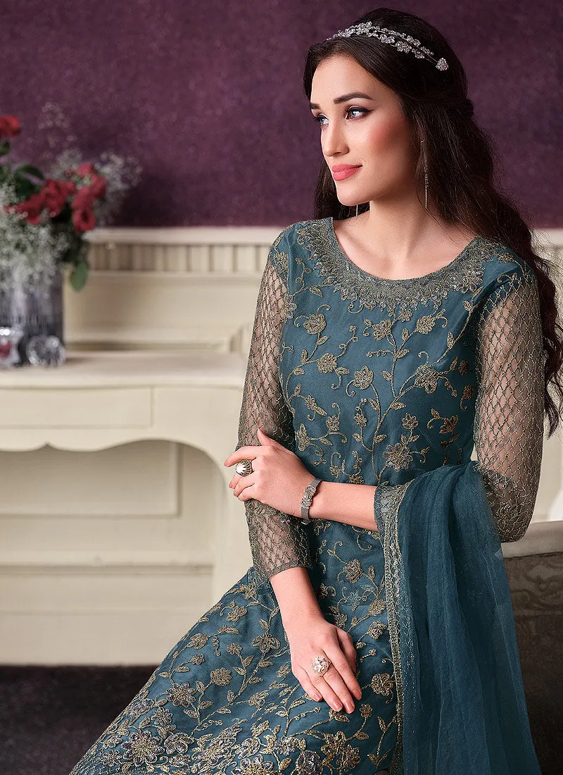 Turquoise Designer Embroidered Pant Style Suit