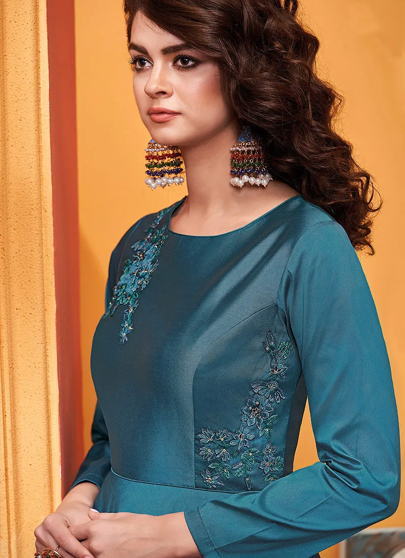 Turquoise Designer Silk Gown