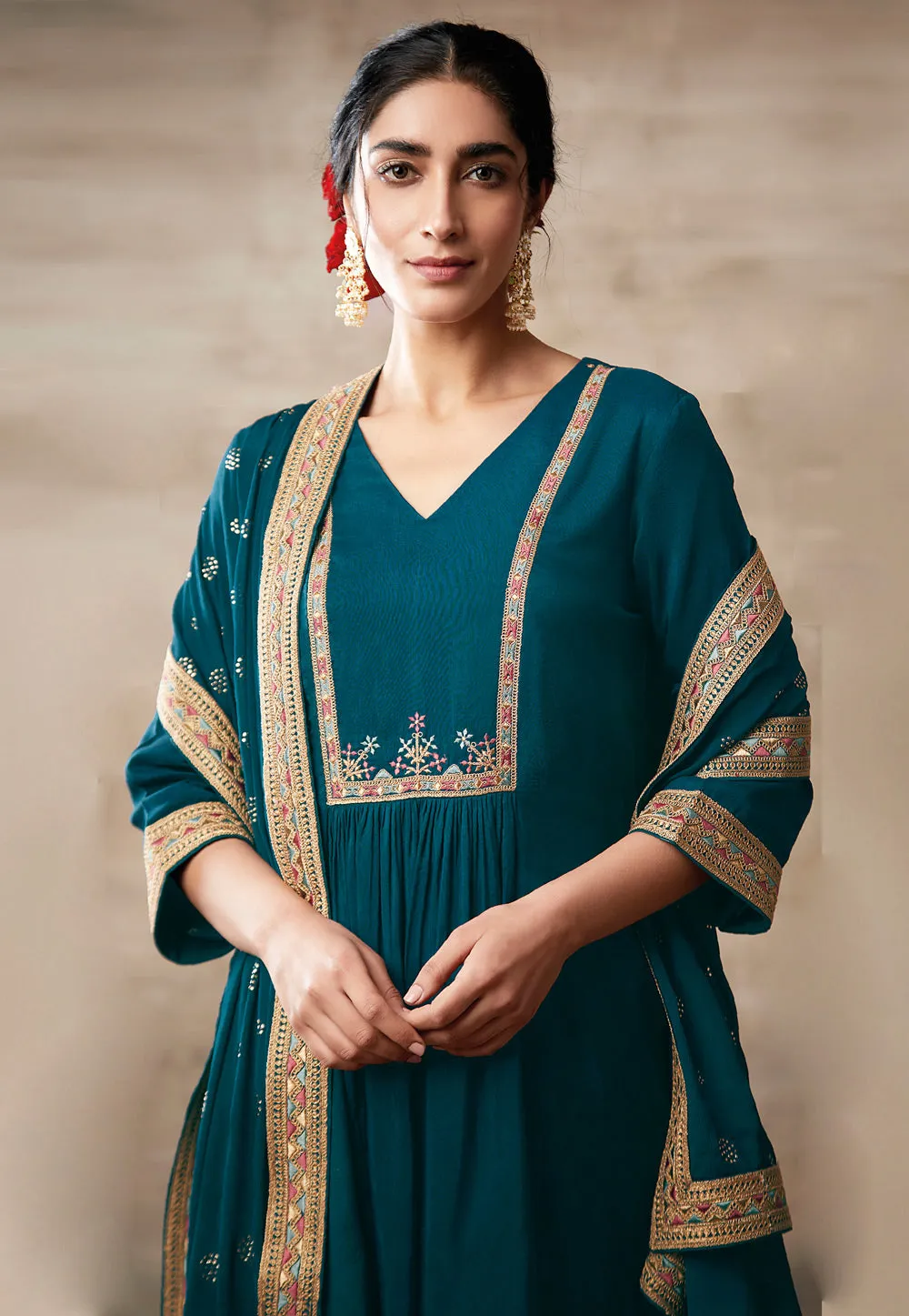 Turquoise Embroidered Designer Palazzo Suit