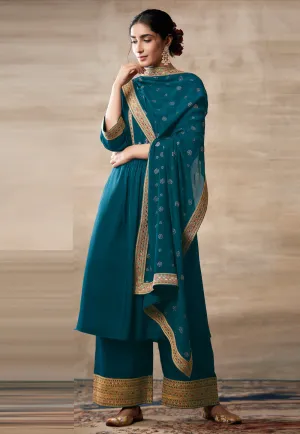 Turquoise Embroidered Designer Palazzo Suit