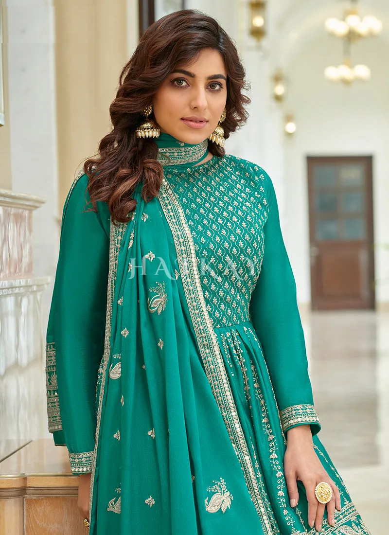 Turquoise Embroidered Traditional Festive Gharara Suit