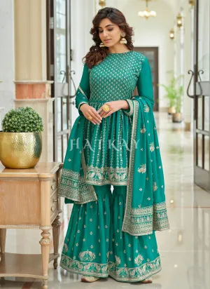 Turquoise Embroidered Traditional Festive Gharara Suit