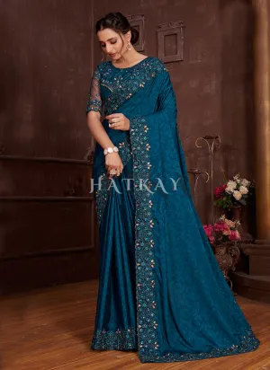 Turquoise Embroidered Wedding Wear Indian Saree