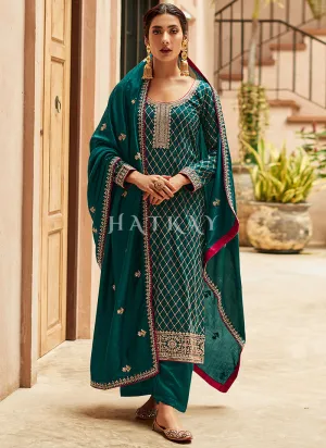 Turquoise Embroidery Traditional Silk Salwar Kameez