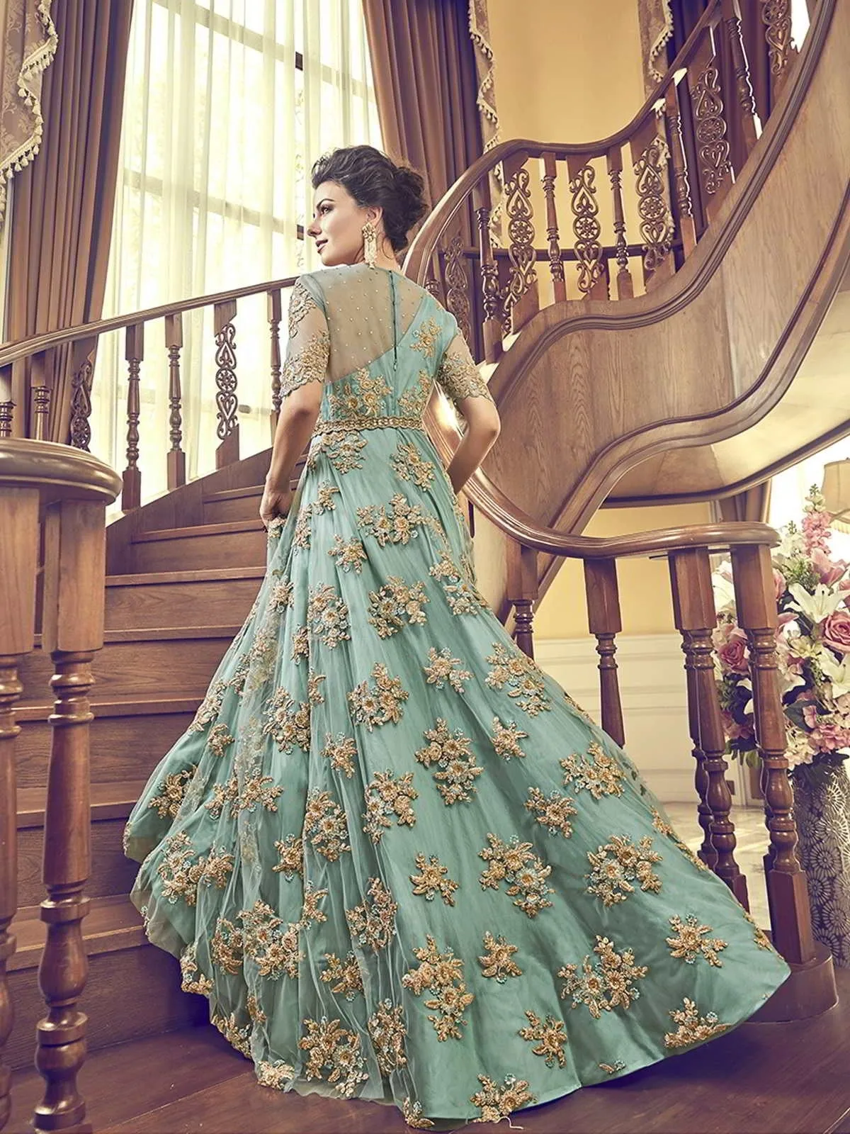 Turquoise Floral Embroidered Designer Bridal Anarkali Suit