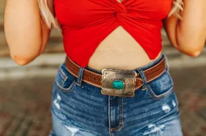 Turquoise Floral Hand Tooled Leather Belt