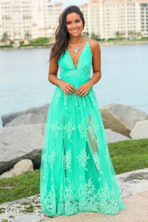 Turquoise Floral Tulle Maxi Dress with Criss Cross Back