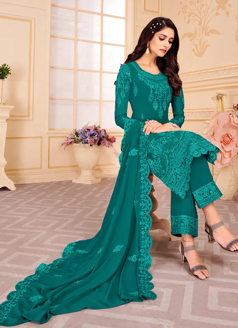 Turquoise Georgette Embroidered Eid Salwar Kameez