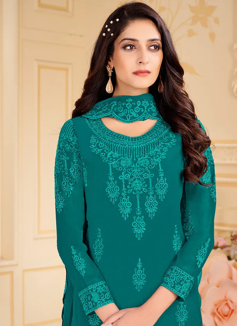 Turquoise Georgette Embroidered Eid Salwar Kameez