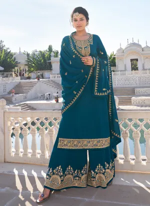 Turquoise Golden Embroidered Gharara Palazzo Suit