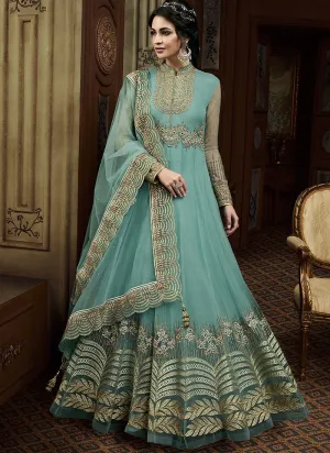 Turquoise Golden Embroidered Net Anarkali Suit