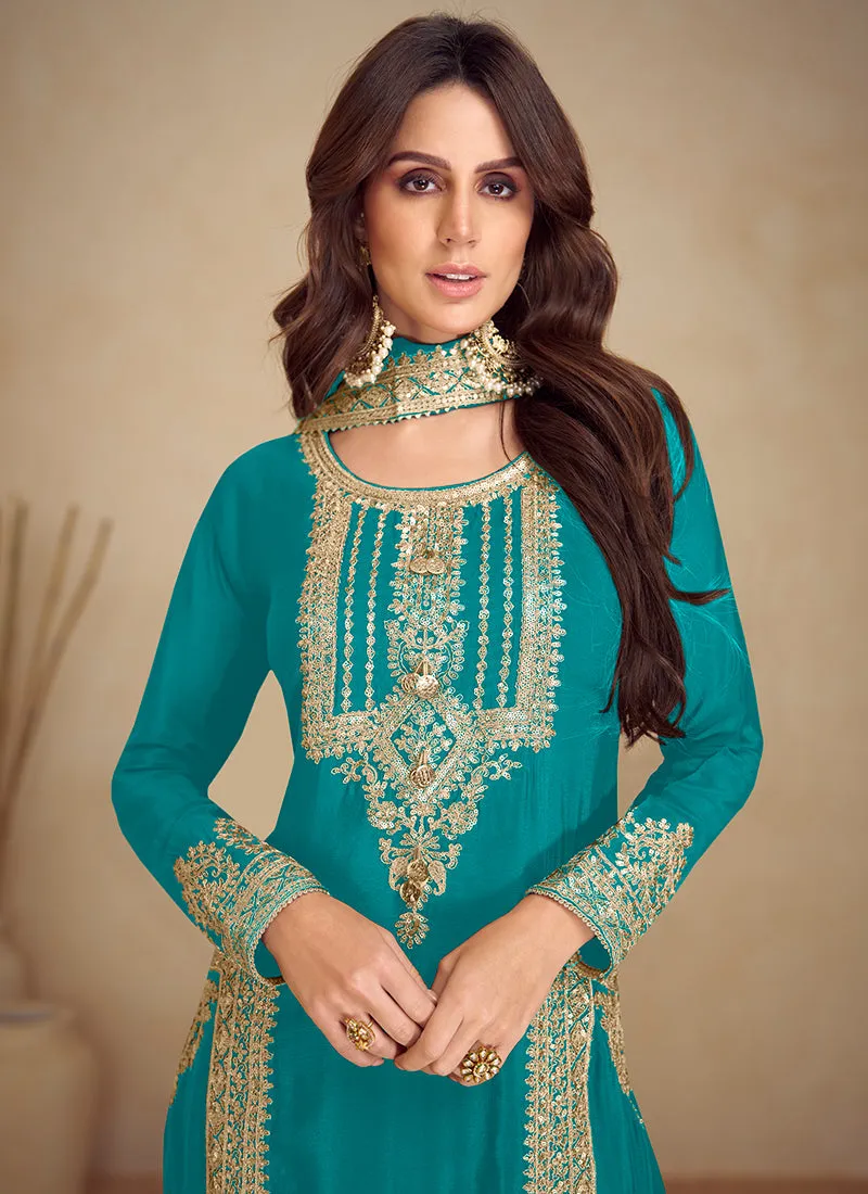 Turquoise Golden Embroidered Pakistani Pant Style Suit