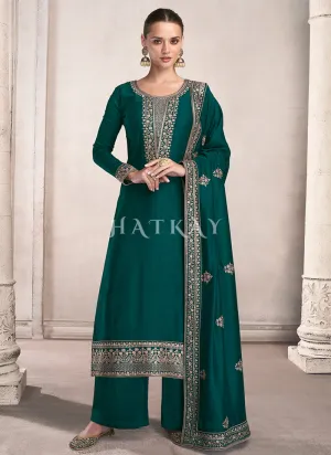 Turquoise Golden Embroidered Silk Salwar Kameez