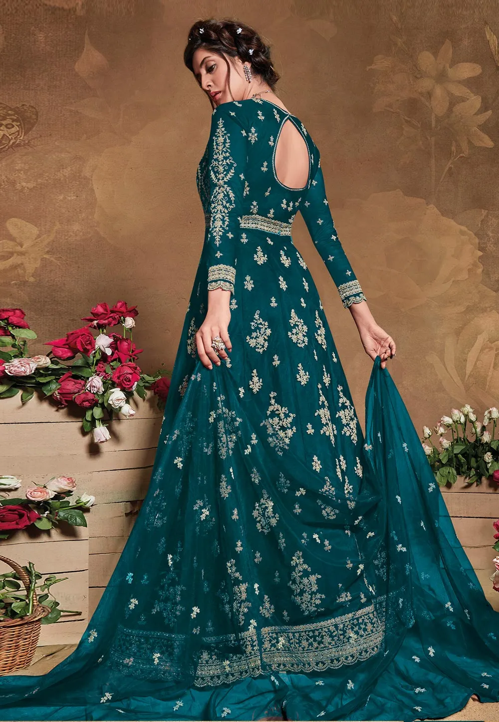 Turquoise Golden Embroidered Wedding Anarkali Suit