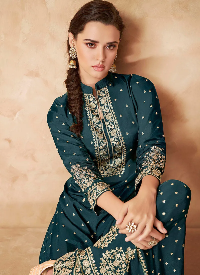 Turquoise Golden Zari Embroidered Sharara Style Suit