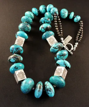 Turquoise Graduated Rondelle Bead Necklace with 15-by-19mm Sterling Silver Box Beads and Smoke-Colored Pearls